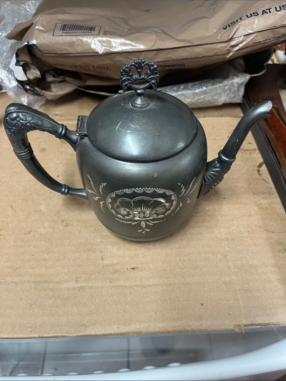 Ornate Floral Teapot Quadruple plate with Decorative Handle
